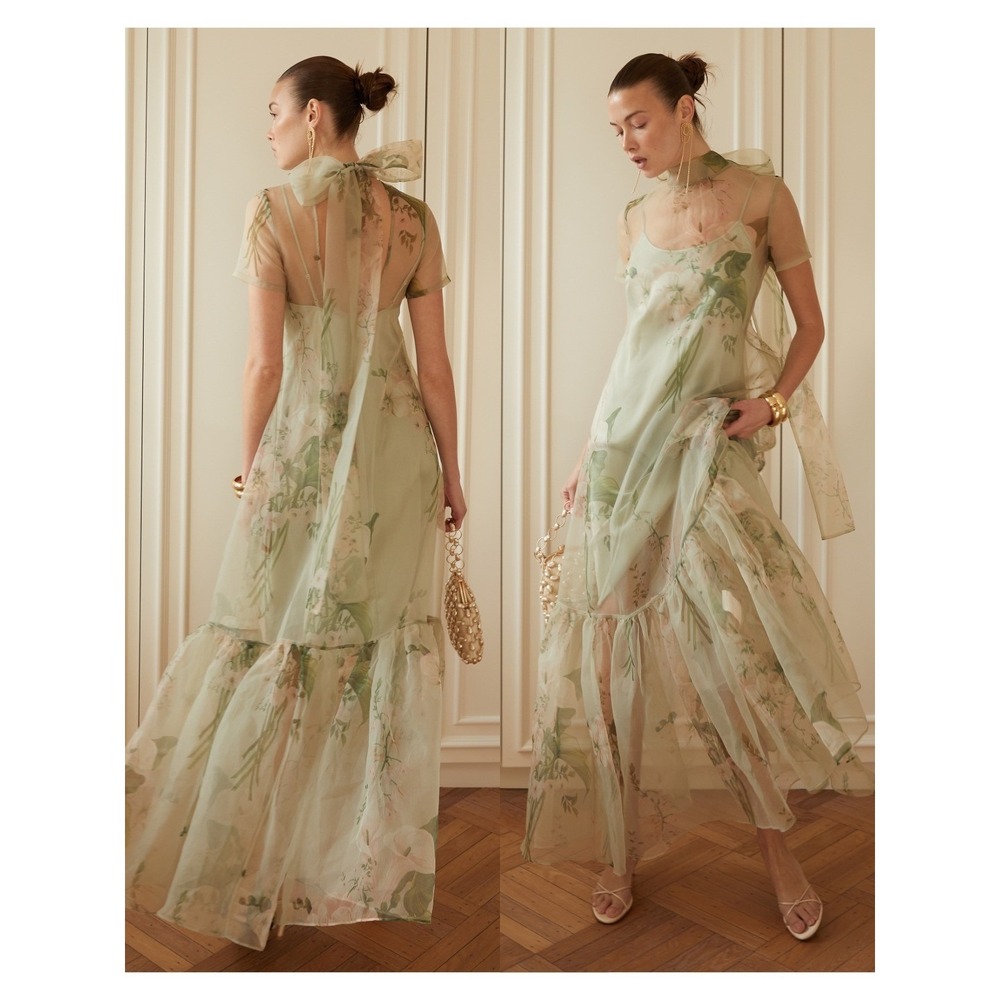 NWT CAARA Melody High Neck Organza Tie Neck Tiered Hem Dress - Size Large